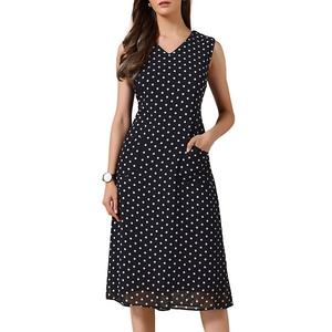 Летнее платье в горошек для женщин, повседневное, без рукавов, с v-образным вырезом, поясом на завязках, шифоновое, миди, с карманами Inspire Chic