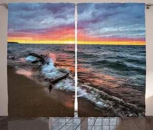 Штора ABAKUHAUS Рустикальный пейзаж, Озеро заката и горизонта, присборенная тесьма для спальни с петлями и крючками, 280 x 175 см, цвет: сине-серый, оранжевый Abakuhaus