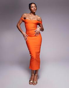 Платье-миди с открытыми плечами Vesper Bardot Bodycon в оранжевом цвете