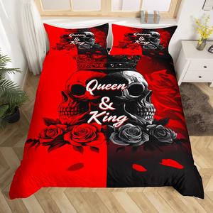 Erosebridal Свадебный комплект постельного белья для взрослых с сахарным черепом и красными розами в цветочном стиле, Red Graphite Black