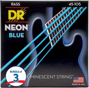 D.R Strings Струны для бас-гитары DR Strings NBB-45 Hi-Def Неоново-синие K3 с покрытием (3 комплекта) - .045-.105 Средние