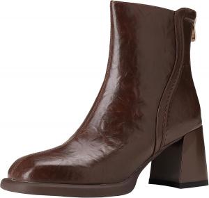 Женские кожаные ботильоны с квадратным носком, массивным каблуком, на молнии, уличный ретро стиль BULVJ, Brown