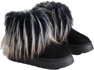 Женские зимние сапоги из искусственного меха до середины икры - круглый носок, замшевые, с теплой меховой подкладкой, платформой, плоской подошвой, удобные, для улицы, модные сапоги без застежки с плюшевой подкладкой до щиколотки Hhhchpm, Black