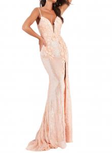 Платье с открытой спиной и цветочными аппликациями цвета розового золота JOVANI