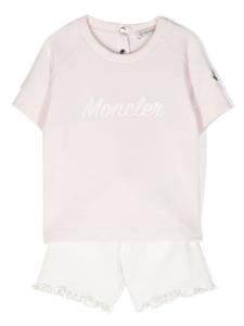 Moncler Enfant комплект из футболки и шортов в рубчик с логотипом, розовый