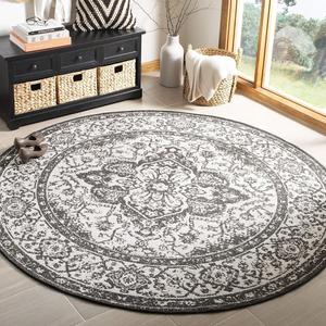 Ковер SAFAVIEH, 122 x 122 см, Linden Collection, круглый, светло-серый и charcoal, восточный медальон дизайн, не линяет и прост в уходе, для помещений и улицы, моющийся — идеально для патио, заднего двора, прихожей (LND137A)