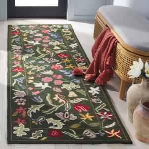 Ковер SAFAVIEH, 77 x 244 см, Rug Chelsea Collection Runner, Green & Pink, Handmade Wool, French Country Floral Design, Ideal for The Living Room, Dining, Bedroom (HK335Y)