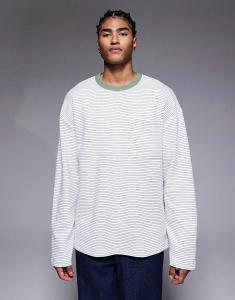 Плотная свободная футболка ASOS DESIGN с длинными рукавами в зеленую фактурную полоску