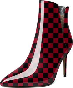 Женские ботильоны YODEKS с острым носком и высокими каблуками-стилет, удобные ботинки с вырезами и молнией сзади, короткие зимние ботильоны с V-образным вырезом, Patent Checkered Red