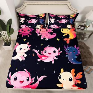 Erosebridal Комплект постельного белья Kawaii Axolotl с блёстками и звёздами в розовом цвете с морскими животными, Pink,black