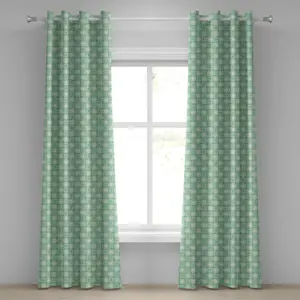 Штора на люверсах ABAKUHAUS цвета мяты, круги и точки, соединенные линиями, волнистые квадраты, геометрический ретро-стиль, декоративные двухпанельные шторы, 280 см x 245 см, миндально-зеленый, изумрудно-зеленый Abakuhaus