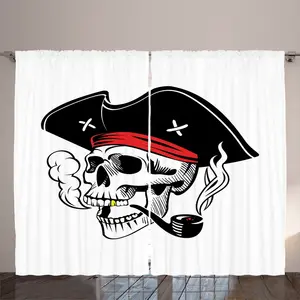 Штора ABAKUHAUS "Череп курит", рустик, голова пирата-скелета, универсальная, для гостиной, с петлями и крючками, 280 x 225 см, цвет "Белый-коксовый серый" Abakuhaus