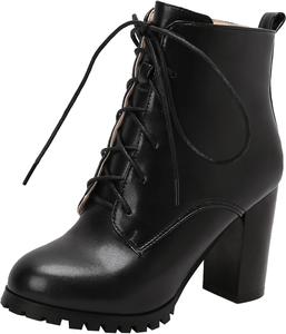 Женские ботильоны на блочном каблуке, шнурованные ботинки в стиле милитари для осенних и зимних свиданий XIEPP, Black