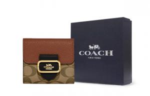 COACH Холщовый кошелек с кожаным картхолдером небольшого размера для женщин в цвете хаки и коричневый
