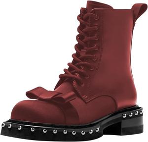 Женские ботинки FSJ с заклепками, низкий каблук, боевые ботинки до щиколотки, шнуровка, боковая молния, закрытый носок, милый бант, толстый каблук, размеры US 4-16, Red