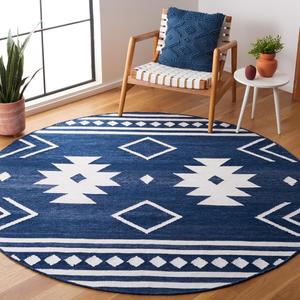 Ковер SAFAVIEH, 214 x 214 см, Kilim Collection, круглый, Navy & Ivory, плоское плетение, деревенский бохо-племенной дизайн, не линяет и прост в уходе, идеален для помещений с высокой проходимостью в гостиной, спальне (KLM764N)