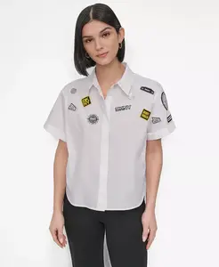 Женская хлопковая блузка с воротником, булавками и нашивками DKNY, белый