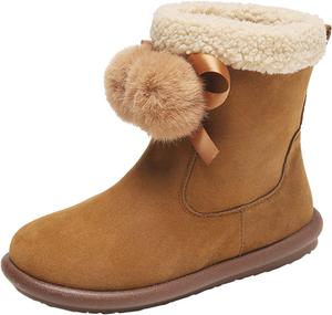 CsgrFagr Женская мода Однотонные замшевые короткие ботинки с бантом и помпоном, теплые плюшевые плоские хлопковые ботинки, плюшевые внутри (коричневые, 6.5)