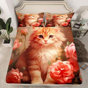 Erosebridal Простыня на резинке Little Cat розовые цветы, милые котята, кавай дизайн, Light Brown Pink