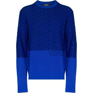 Свитер с логотипом интарсия и круглым вырезом VERSACE, синий
