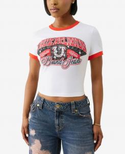 Женская футболка с контрастной отделкой и круглым вырезом True Religion, White, Red