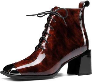 Женские ботильоны TinaCus ручной работы из лакированной кожи с классическим квадратным носком, средним блочным каблуком, боковой молнией и шнуровкой, стильные, Burgundy