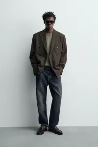 Двубортный пиджак из шерстяной смеси Zara, темно-коричневый