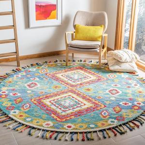 Ковер SAFAVIEH, 214 x 214 см, Aspen Collection, Green & Red, ручной работы, бохо с ромбовидным плетением и кистями, шерстяной, идеален для помещений с высокой проходимостью в гостиной, спальне (APN119Y)