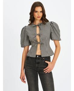 Женская черная клетчатая блузка Qusayla с рукавами-фонариками и бантом Miss Circle, Black gingham
