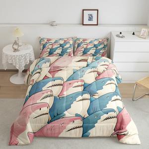 Erosebridal Детский комплект постельного белья Cute Shark Queen с морской тематикой, розово-голубой, дышащий стеганый, Pink Blue