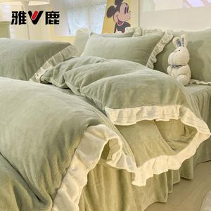 Yalu Постельное белье, 1.5 м, простыня на резинке, 4 предмета, молочный флис, кружево, цвет: бобово-зеленый, размер пододеяльника 200x230 см