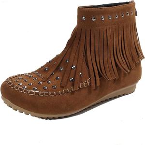 Женские классические ботильоны с бахромой и заклепками, замшевые, с кисточками, ковбойские, с круглым носком, на плоской подошве, ретро, зимние, с низким каблуком Generic, Brown