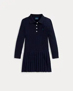 Детское платье из хлопка с узором елочка Polo Ralph Lauren, темно-синий