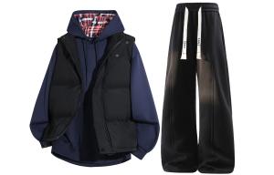 Толстовка Casual Sportswear утепленная с капюшоном унисекс X1617, черный vest+темно-синий sweatshirt+черный sweatpants