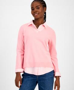 Женский хлопковый свитер с V-образным вырезом и длинными рукавами, состоящий из двух частей Tommy Hilfiger, Pink/White