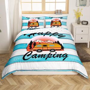 Erosebridal Комплект постельного белья Happy Camping с принтом в виде деревянных досок и мультяшными рисунками для детей и взрослых, Blue White Orange
