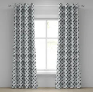 Абстрактная штора на люверсах ABAKUHAUS, декоративный винтажный геометрический принт в виде кругов, 280 см x 260 см, цвет: сине-серый, черно-серый