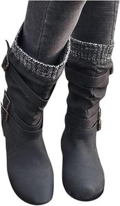 Женские ботинки для верховой езды ZBYY, модные ботильоны с круглым носком до середины голени, ретро, на плоской подошве, с широким голенищем, зимние ботинки для верховой езды, черный