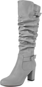 Женские высокие сапоги Zamikoo на толстом каблуке, с расслабленным верхом, до колена, округлый носок, металлическая пряжка, боковая молния, высокий каблук 3,5 дюйма, Matte Grey