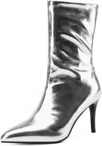 Женские металлические свободные ботильоны с заостренным носком, высоким голенищем, каблук-стилет, блестящие ботинки, водонепроницаемая лакированная кожа, байкерские сапоги, зимние обувь без шнуровки, короткие ботинки для прогулок Generic, Silver