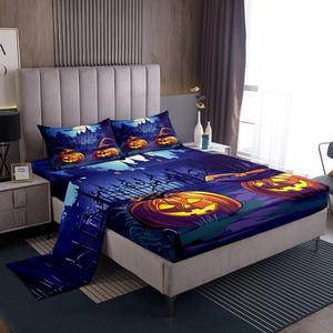 Erosebridal Комплект постельного белья Happy Halloween для детей с принтом тыквы, замка и летучих мышей, Blue Orange