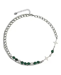 Многослойное ожерелье из нержавеющей стали с зелеными бусинами и подвесками в виде звезд Rebl Jewelry, silver