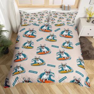 Erosebridal Комплект постельного белья Bulldog Surfer с принтом серфинга и забавными щенками в морском стиле для детей, Blue Orange Yellow