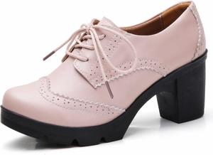 Женские кожаные классические туфли DADAWEN на шнуровке с платформой и массивным каблуком средний, квадратный носок Oxfords, Light Pink