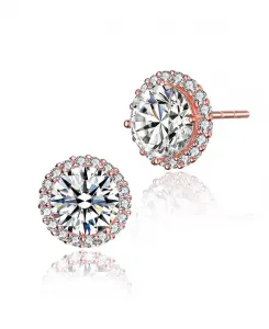 Серьги-Пуговицы из стерлингового серебра с прозрачными круглыми кубическими циркониями и зубчатым ореолом. Genevive, pink