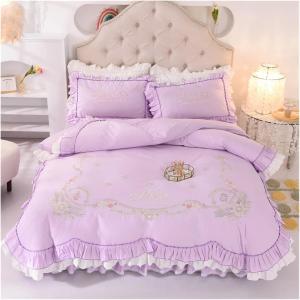 Generic Комплект постельного белья Love белый хлопковый с цветочной вышивкой и рюшами Purple