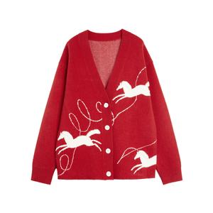 ELLE Кардиган женский красный V-образный вырез умеренной длины
