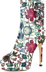 Женские ботильоны SAMMITOP с открытым носком, на высокой платформе, с ремешком и пряжкой, сексуальные туфли-лодочки на шпильке для вечеринок, клуба и танцев, каблук 5 дюймов, Floral Embroidered