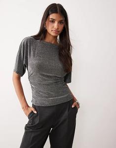 Топ AWARE с короткими рукавами и рюшами, блестящий, черного и серебристого цветов