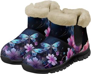 Женские зимние ботинки Jeiento Beauty Dragonfly с цветочным узором, пушистые, на щиколотку, для походов, с противоскользящей подошвой, Elegant Dragonfly Flower